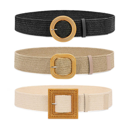 HOTWHIPPY Set of 3/4 Straw Woven Elastic Stretch Waist Belts for Women, Fashion Boho Ladies Braided Skinny Dress Belt