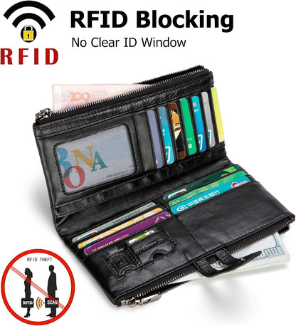 HOTmyfriday Women's RFID Blocking Genuine Leather Wallet, Bifold Long Clutch Wallet Money Clips Ladies Card Holder Purse