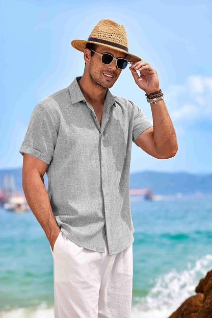 HOTCOOFANDY Men's Linen Shirts Short Sleeve Casual Shirts Button Down Shirt for Men Beach Summer Wedding Shirt