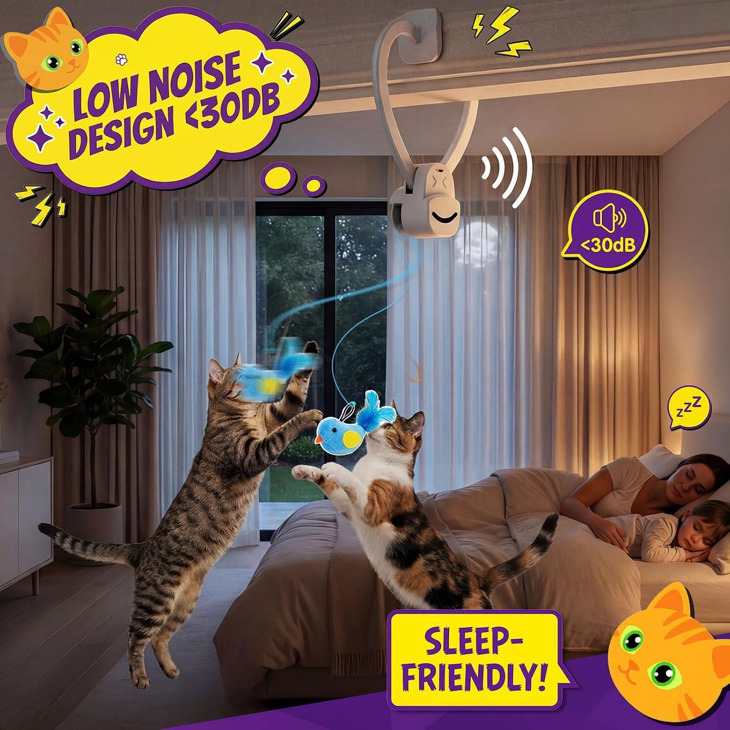 HOTInteractive Cat Toys for Indoor Cats: Automatic Flying Bird Feather Wand Chase Exercise Enrichment Stimulation, USB Rechargeable Durable Safe Hanging Toy for Bored Kittens Adult Multi Cat Households