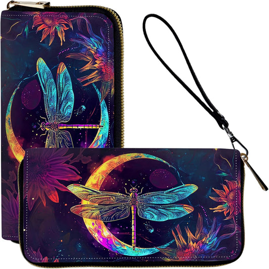 HOTLadies Wallet,Clutch Purses for Women Wallets Leather Credit Card Holder for Women Wristlet Slim Small Cute with Zipper,Thin RFID Blocking with Wrist Strap,Glitter Dragonfly Moon