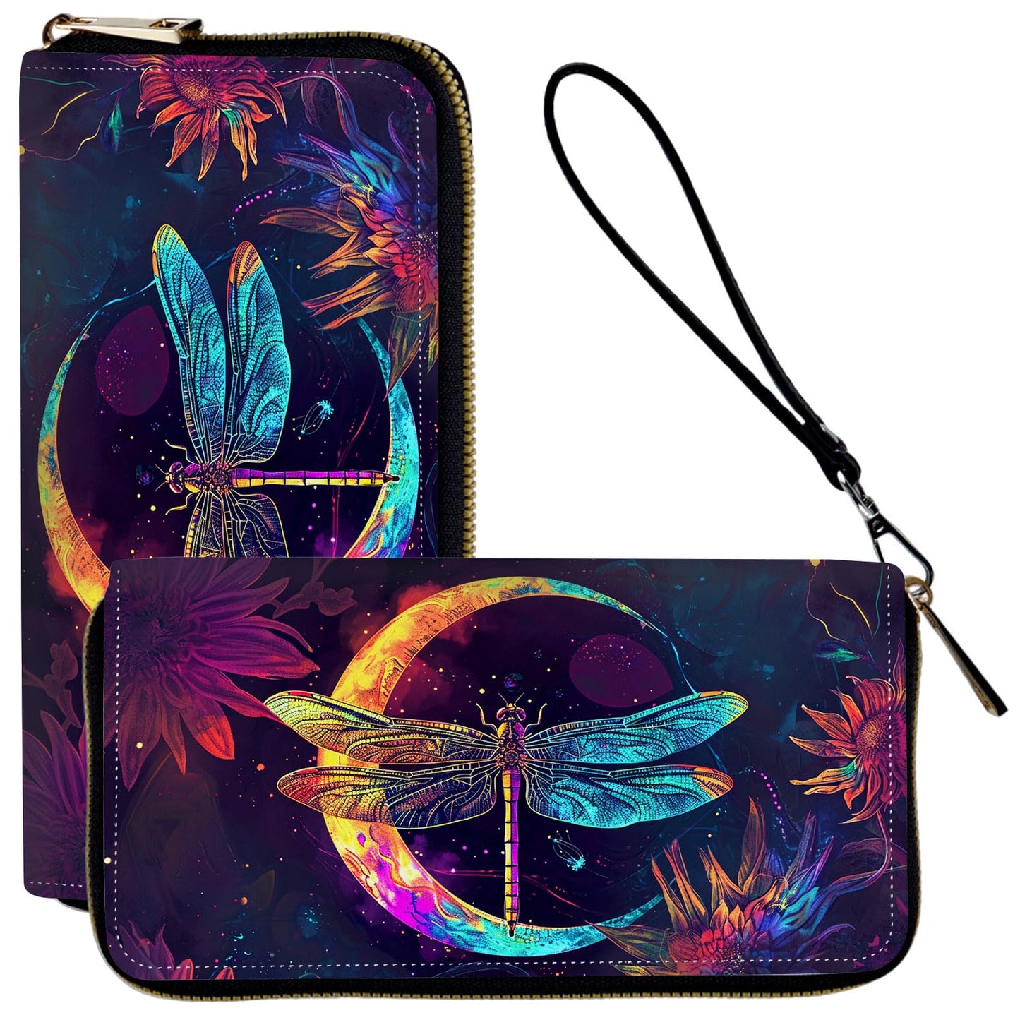 HOTLadies Wallet,Clutch Purses for Women Wallets Leather Credit Card Holder for Women Wristlet Slim Small Cute with Zipper,Thin RFID Blocking with Wrist Strap,Glitter Dragonfly Moon