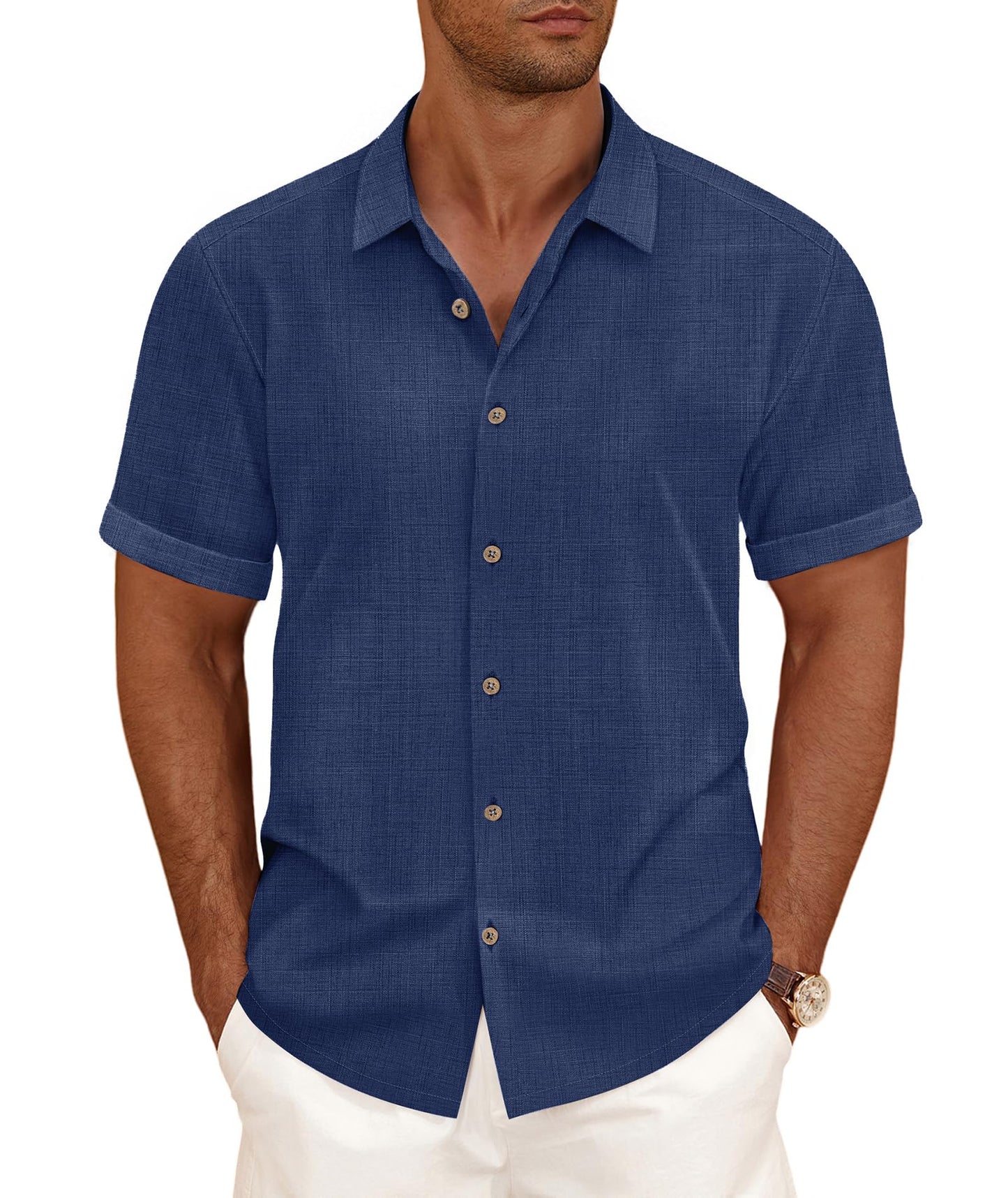 HOTCURBODO Linen Blend Shirts for Men Casual Short Sleeve Button Down Shirt Cool Summer Beach Wedding Vacation Tops