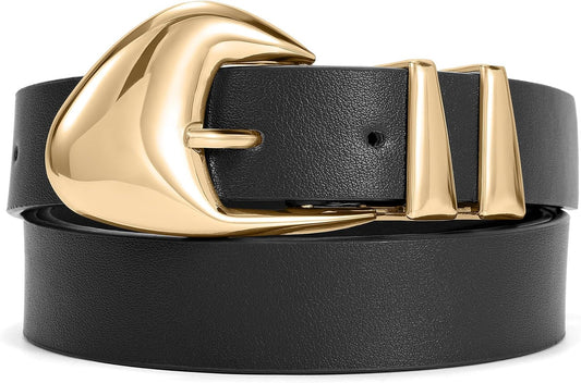 HOTXZQTIVE Women's Leather Belts for Jeans Dress Pants Black Brown Belts for Women Ladies Waist Belts with Gold Buckle