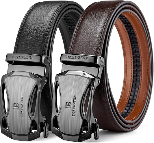 HOTBOSTANTEN Ratchet Leather Belt For Men 2 Pack Dress and Casual with Adjustable Buckle, Trim to Fit