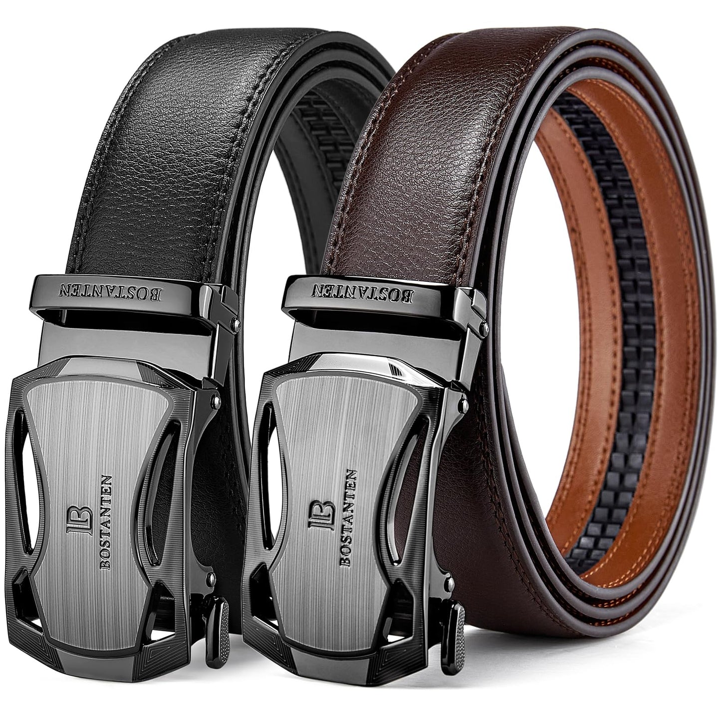 HOTBOSTANTEN Ratchet Leather Belt For Men 2 Pack Dress and Casual with Adjustable Buckle, Trim to Fit