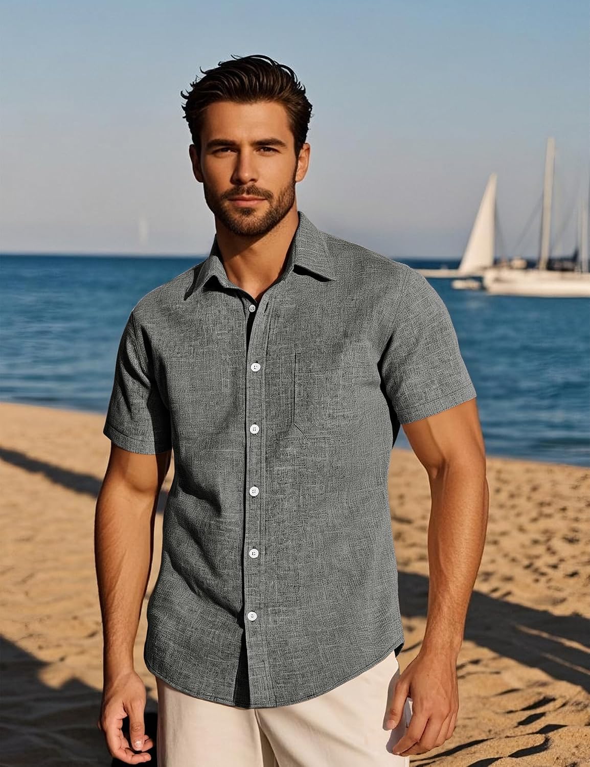 HOTPARKLEES Mens Wrinkle Free Short Sleeve Button Down Shirts Texture Linen Shirts Casual Vacation Beach Summer Tops