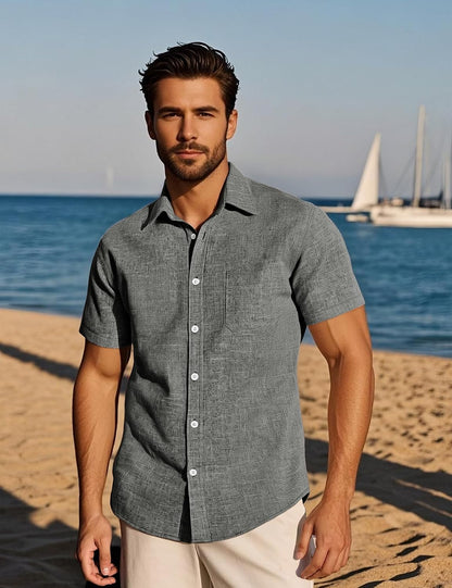 HOTPARKLEES Mens Wrinkle Free Short Sleeve Button Down Shirts Texture Linen Shirts Casual Vacation Beach Summer Tops