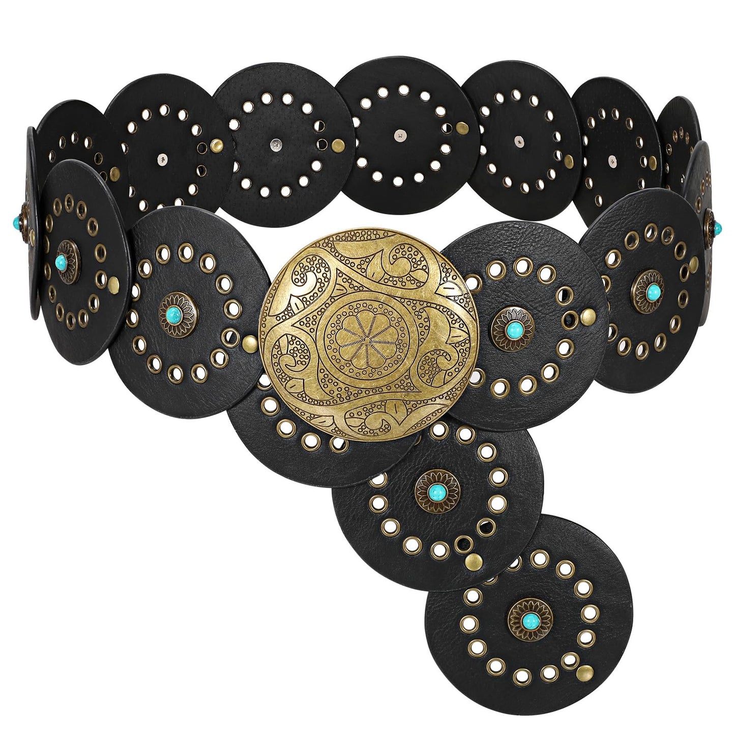 HOTXZQTIVE Western PU Leather Belts for Woman Concho Cowgirl Cowboy Disc Belt for Ladies Wide Boho Country Waist Belts for Dress