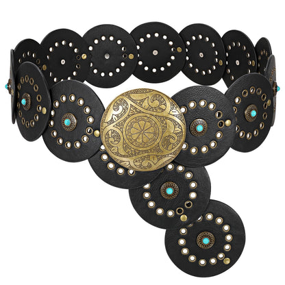 HOTXZQTIVE Western PU Leather Belts for Woman Concho Cowgirl Cowboy Disc Belt for Ladies Wide Boho Country Waist Belts for Dress