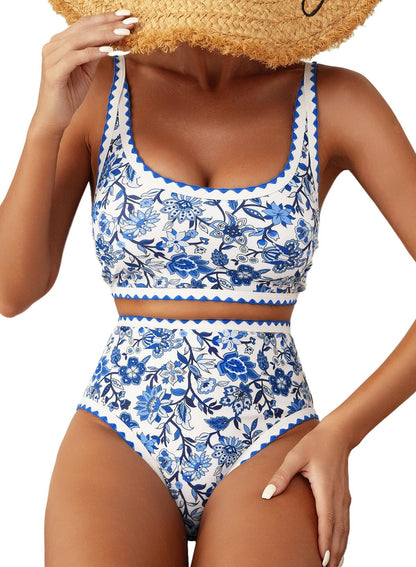 HOTHerseas Women's Bikini Sets Floral Print Whip Stitch 2 Piece Swimsuits High Waisted Scoop Bathing Suits