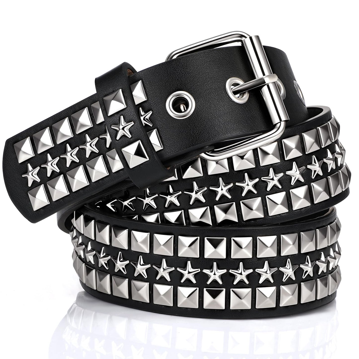 HOTSUOSDEY Black Studded Belt,Y2K Silver Metal Grommet Belt for Men Women Punk Rock Style for Jeans Pants