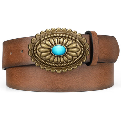 HOTXZQTIVE Women Western Leather Belt Vintage Country Belts For Cowgirl Jeans Dresses Ladies Concho Belt With Turquoise Buckle