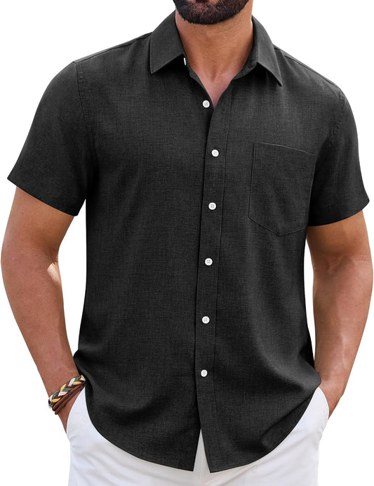 HOTMens Linen Shirt Short Sleeve Wrinkle Free Casual Untucked Button Down Shirts Beach Breathable Tops Summer