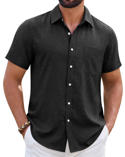 HOTMens Linen Shirt Short Sleeve Wrinkle Free Casual Untucked Button Down Shirts Beach Breathable Tops Summer
