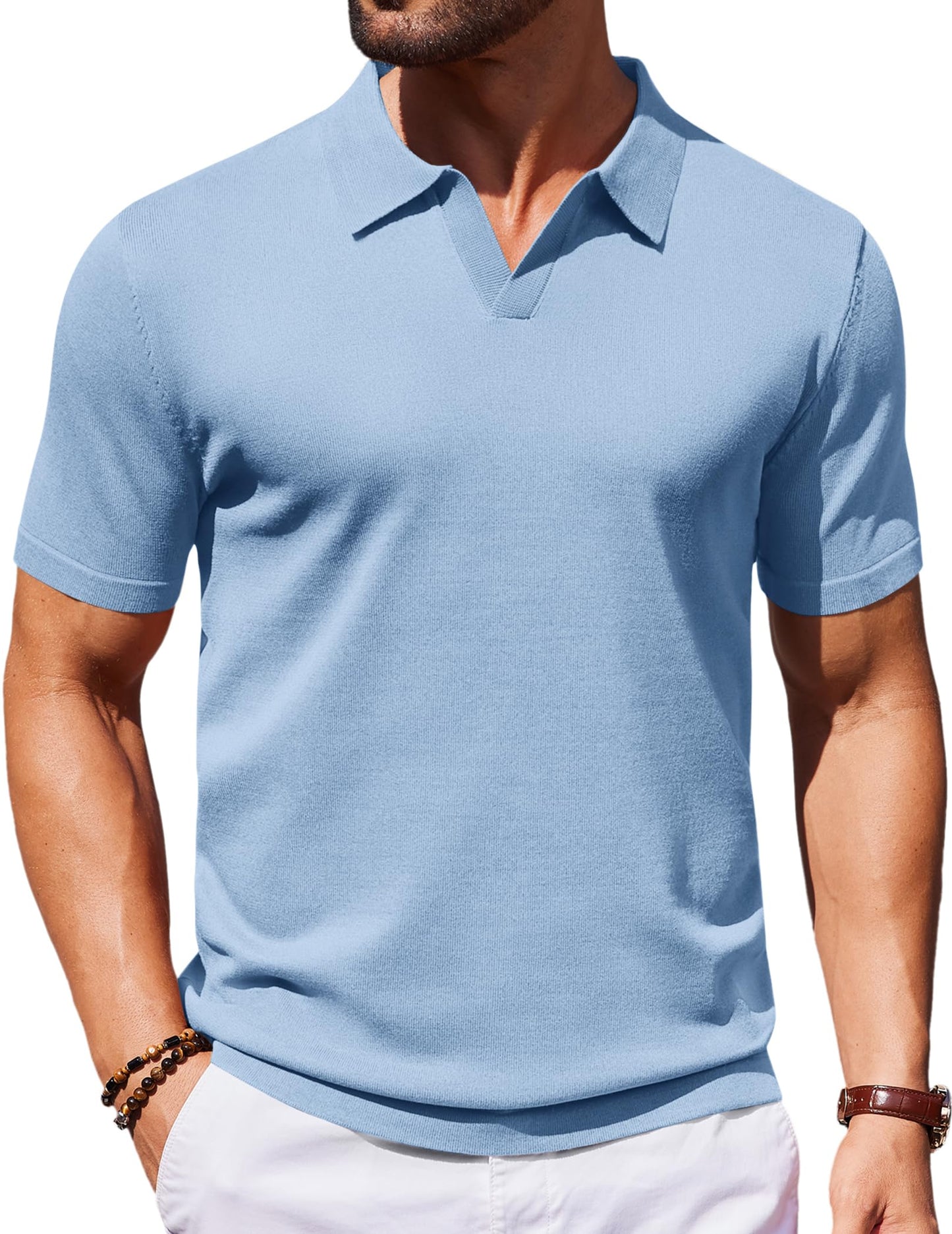 HOTCOOFANDY Men's V Neck Short Sleeve Stretch Knit Polo Shirt
