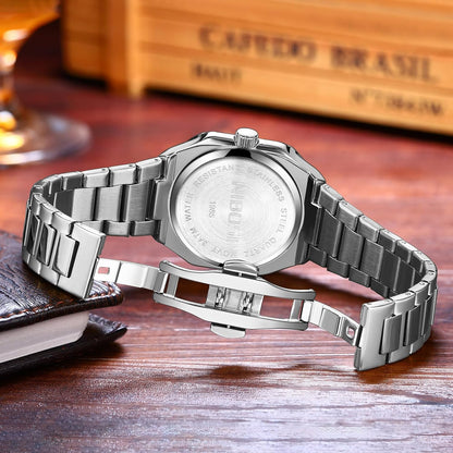 HOTNIBOSI Men Watches Analog Quartz Stainless Steel Silver Watches for Men Waterproof Business Classic Watch with Day and Date Display Wrist Watch for Work and Casual Wear