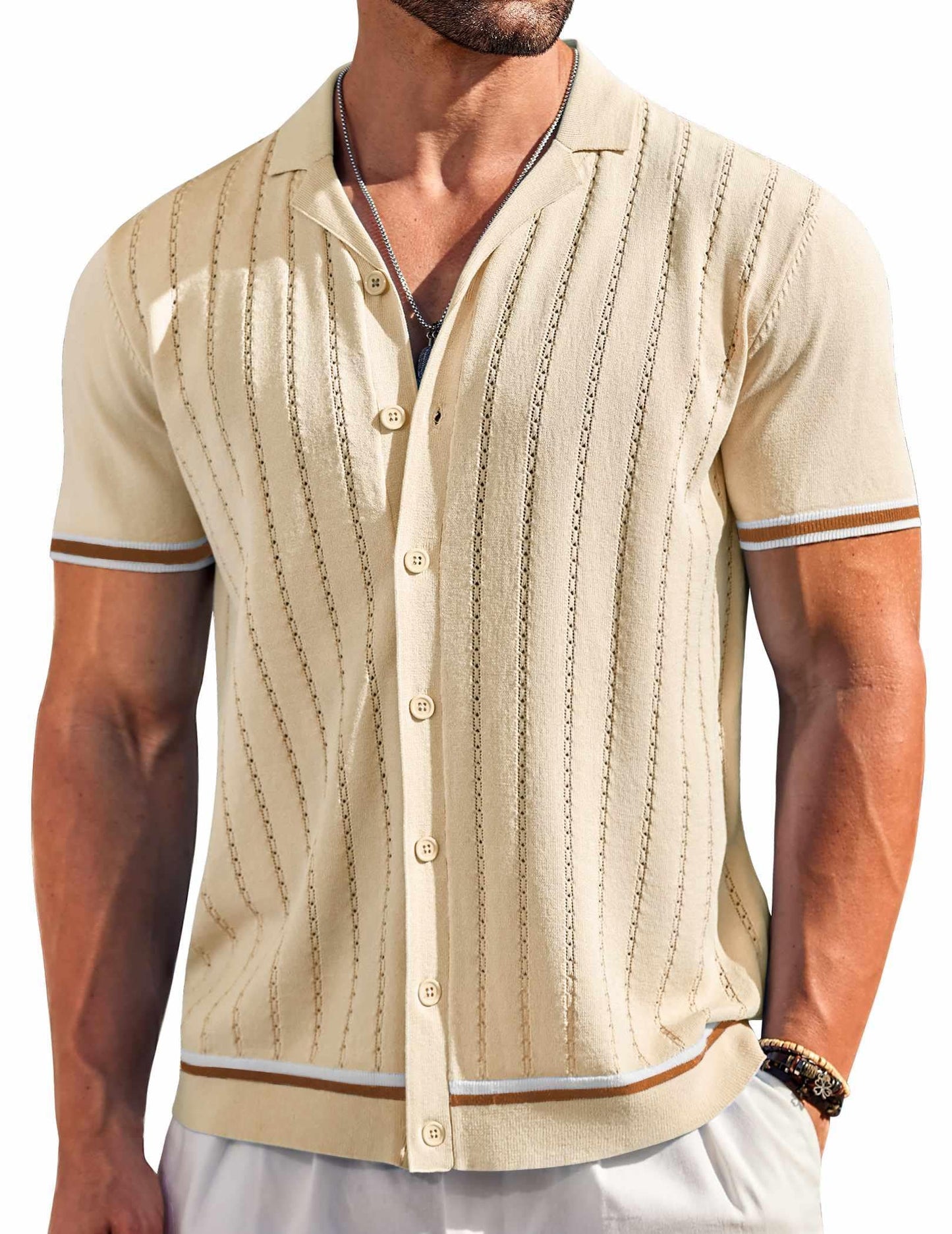 HOTCOOFANDY Men's Short Sleeve Knit Shirt Casual Button Down Shirt Vintage Striped Knitted Golf Beach Tops