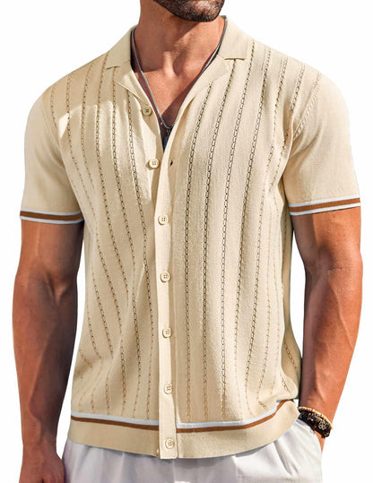 HOTCOOFANDY Men's Short Sleeve Knit Shirt Casual Button Down Shirt Vintage Striped Knitted Golf Beach Tops