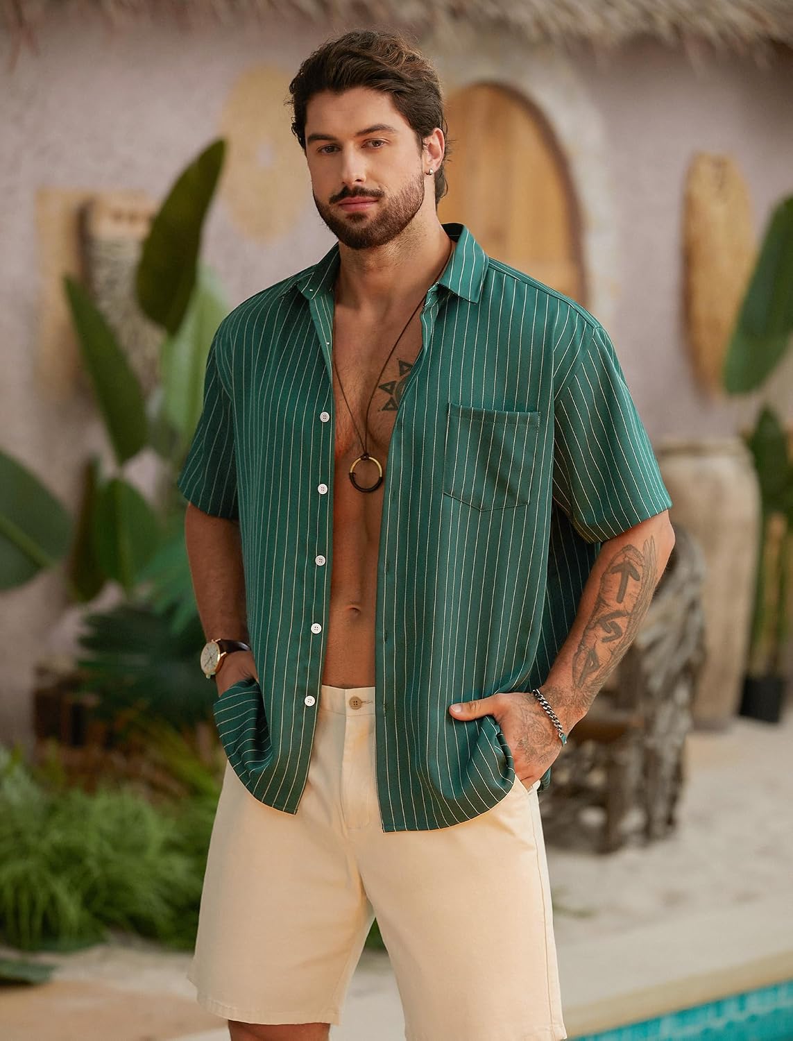 HOTHardaddy Men's Casual Striped Shirts Button Down Short Sleeve Blouse Summer Hawaiian Shirt