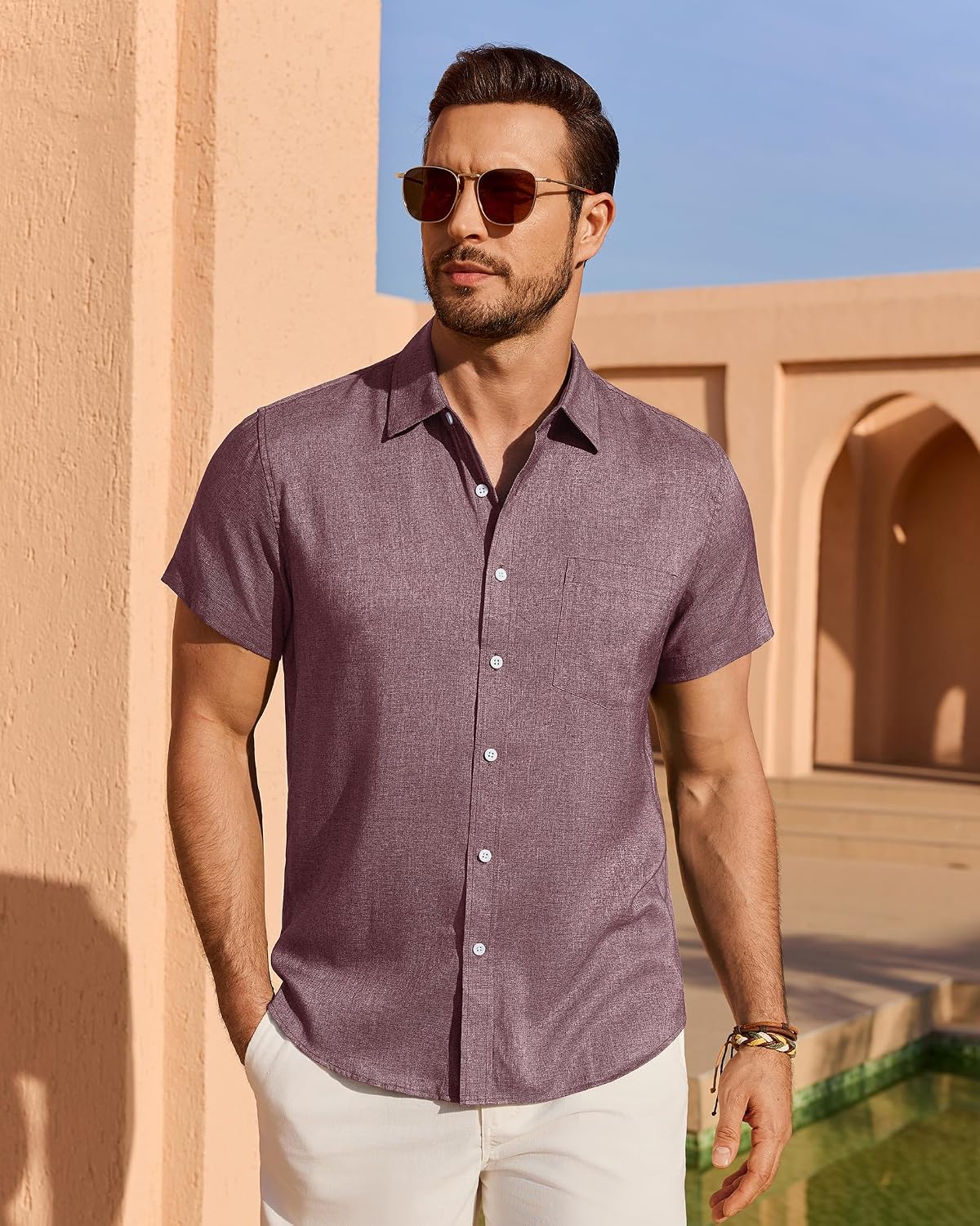 HOTMens Linen Shirt Short Sleeve Wrinkle Free Casual Untucked Button Down Shirts Beach Breathable Tops Summer