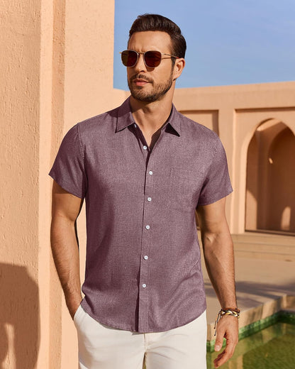 HOTMens Linen Shirt Short Sleeve Wrinkle Free Casual Untucked Button Down Shirts Beach Breathable Tops Summer