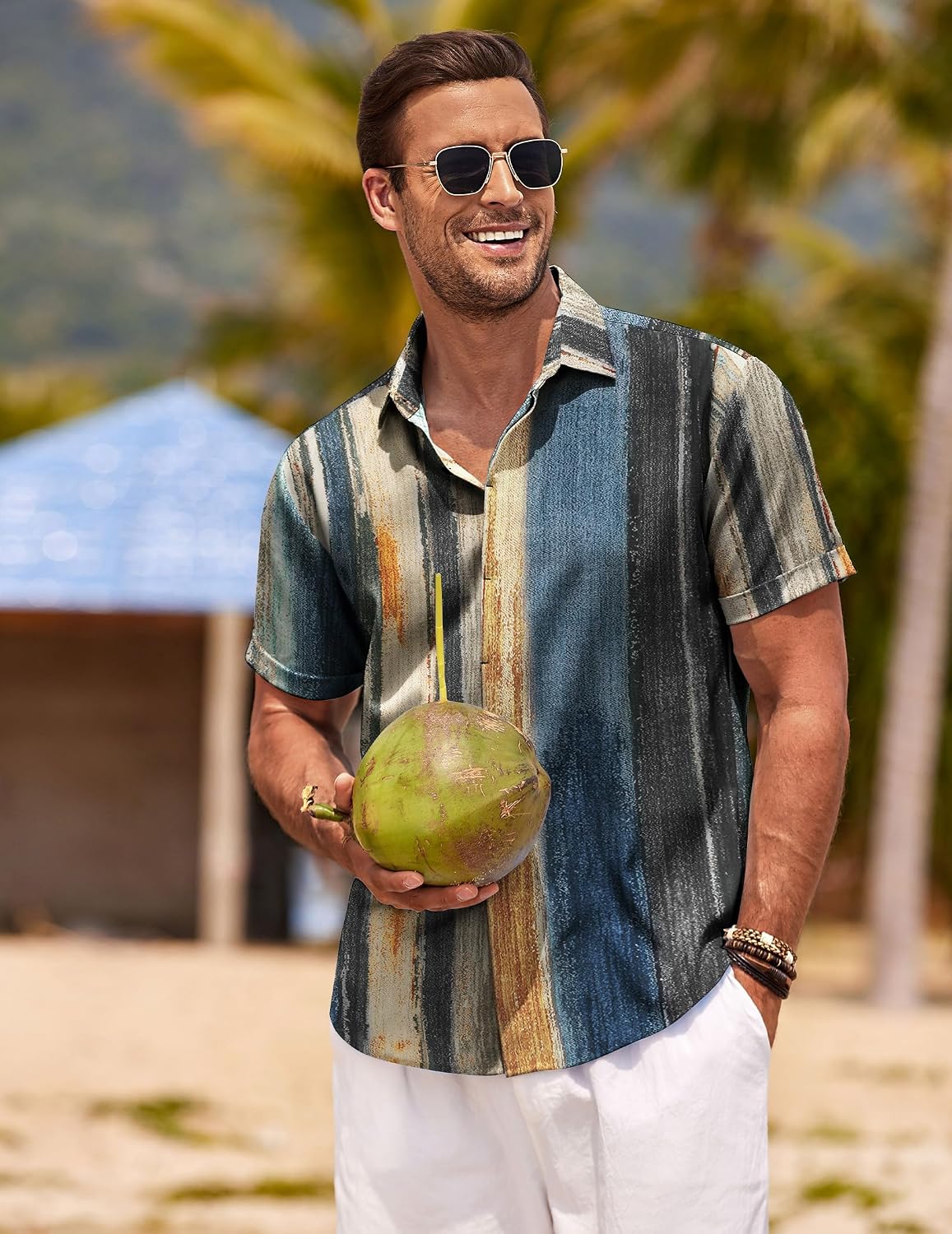 HOTCOOFANDY Men's Linen Shirts Short Sleeve Casual Shirts Button Down Shirt for Men Beach Summer Wedding Shirt