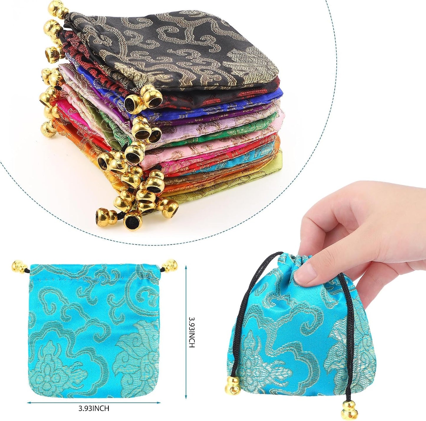 HOTHuquary 60 Pcs Silk Jewelry Pouch Drawstring Gift Bags Bulk 4 x 4 Inches Potli Bags for Return Gifts Indian Diwali Gift Bag Mini Satin Brocade Embroidered Coin Purse for Women Selling Pooja
