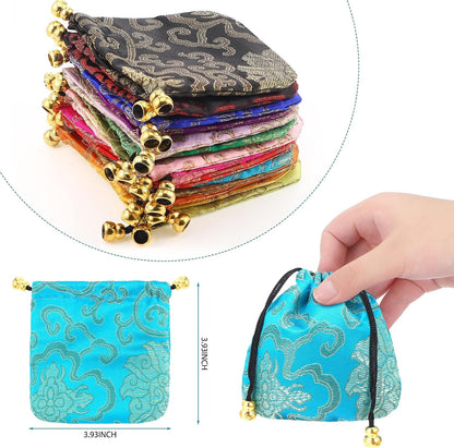 HOTHuquary 60 Pcs Silk Jewelry Pouch Drawstring Gift Bags Bulk 4 x 4 Inches Potli Bags for Return Gifts Indian Diwali Gift Bag Mini Satin Brocade Embroidered Coin Purse for Women Selling Pooja