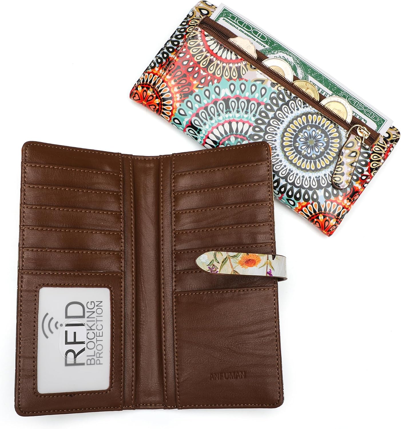 HOTSlim Wallets for Women Credit Card Holder RFID Bifold Clutch Long Ladies Billfold Wallets with Zipper Coin Pocket ID Window Fireworks