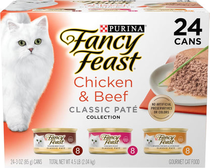 HOTPurina Fancy Feast Chicken and Beef Classic Pate Collection Grain Free Wet Cat Food Variety Pack - (Pack of 24) 3 Oz. Pull-Top Cans