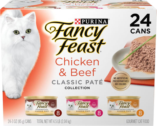 HOTPurina Fancy Feast Chicken and Beef Classic Pate Collection Grain Free Wet Cat Food Variety Pack - (Pack of 24) 3 Oz. Pull-Top Cans