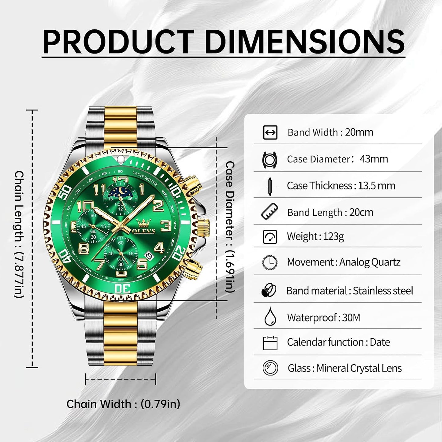 HOTOLEVS Watches Men Waterproof Luxury Big Face Mens Watch Stainless Steel Day Date Quartz Analog Dress Watches for Men Luminous Reloj para Hombres (Green/Blue/Black/Gold)
