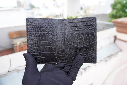 HOTBlack Alligator Leather Business Card Holder Men Minimalist Crocodile Bifold Front Pocket Card Wallet Double Side Travel ID Case Handmade Card Case