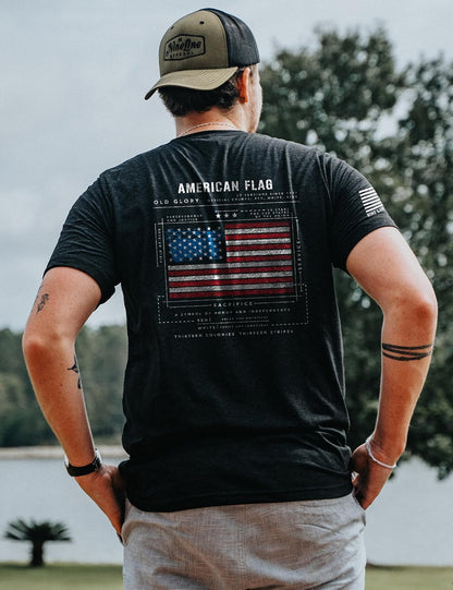 HOTNine Line Old Glory Flag Schematic T-Shirt for Men | Patriotic American Flag Freedom Shirt, USA Made Veteran Owned Apparel
