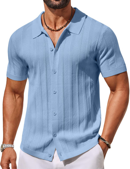 HOTCOOFANDY Men's Knit Button Down Shirts Short Sleeve Polo Shirt Casual Vacation Summer Beach Shirts