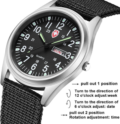 HOTGosasa Unisex Military Analog Field Watch with Nylon Strap, Luminous Easy Read Dial, Sport Tactical Casual Quartz Wristwatch, Daily Water Resistant