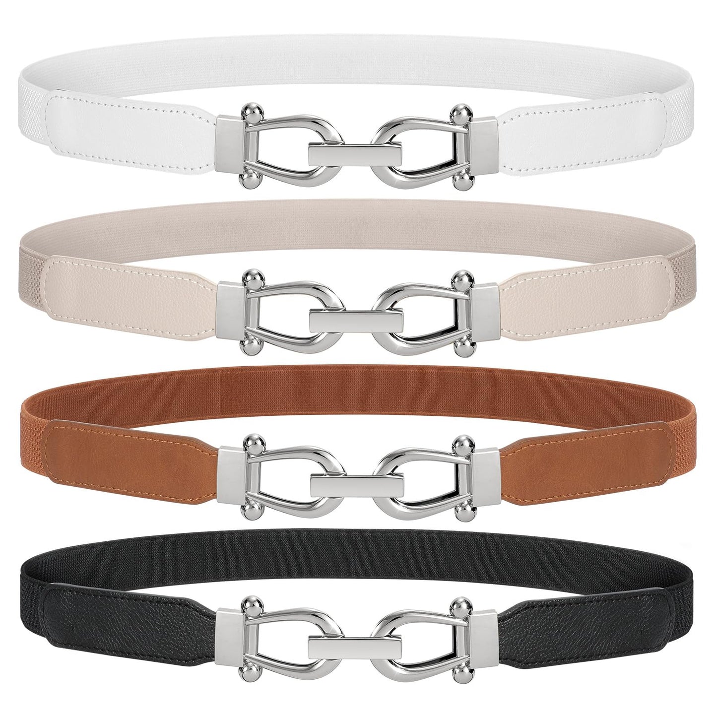 HOTWERFORU Women Skinny Belt for Dresses Retro Stretch Waist Belt with Gold Buckle Set of 4
