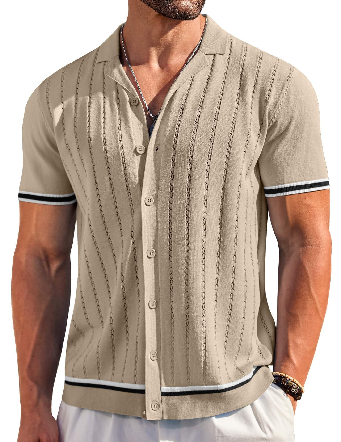 HOTCOOFANDY Men's Short Sleeve Knit Shirt Casual Button Down Shirt Vintage Striped Knitted Golf Beach Tops