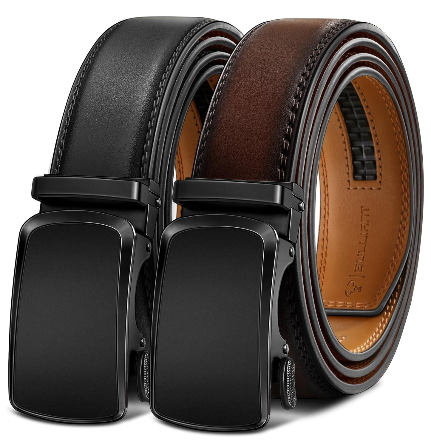 HOTBULLIANT Men's Ratchet Leather Belt Trimmable 2Pack 1 3/8"-Gift Boxed | Smooth Sliding | Precise Fit | Tailored Size | Holeless for Dress or Casual