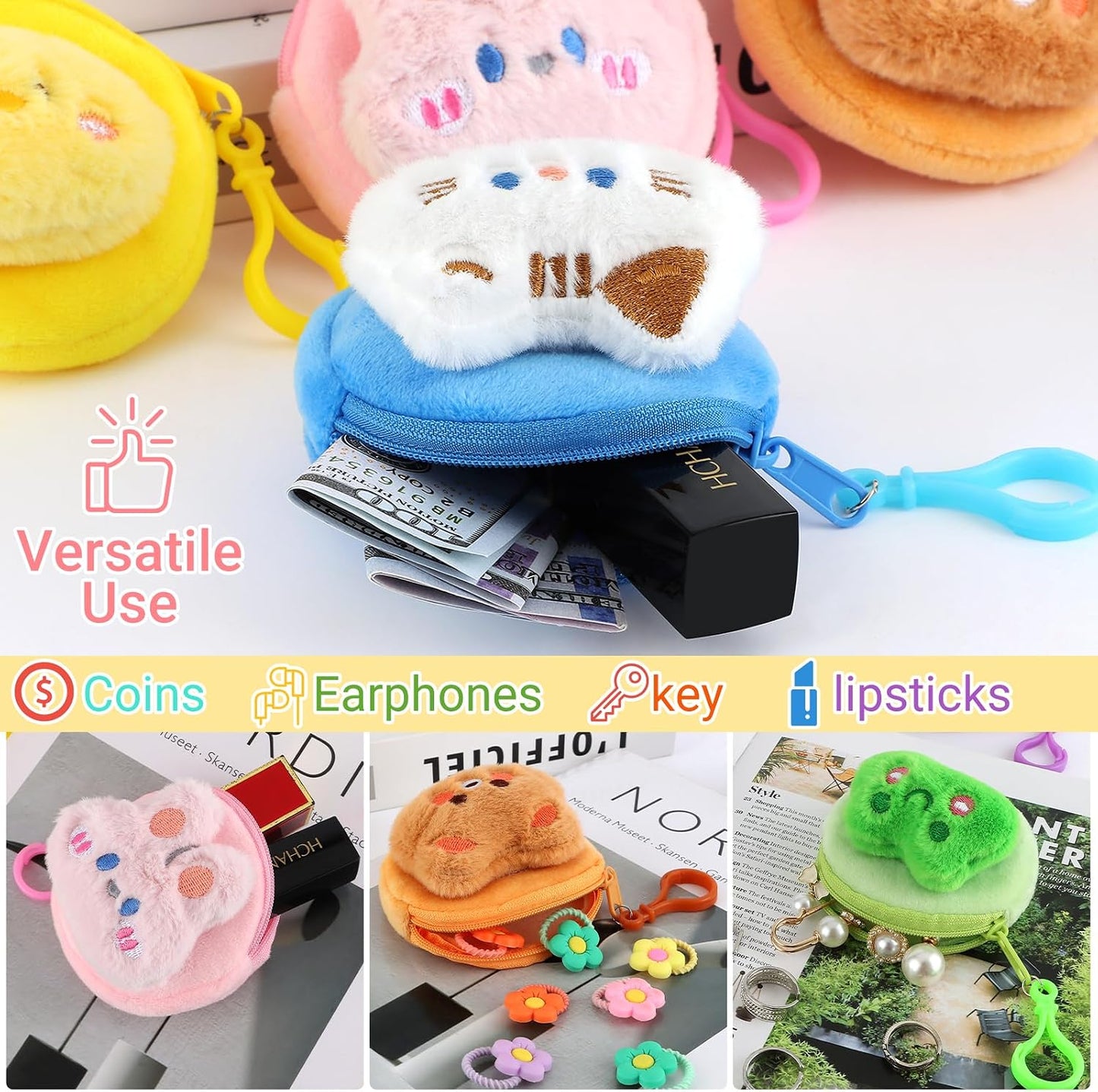 HOT24 Pcs Cute Coin Purse for Women, Kawaii Plush Coin Pouch, Mini Wallet with Zipper Keychain, Small Change Purse for Women on Back to School Halloween Christmas Exchange Gifts