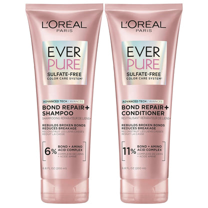 HOTL'Oreal Paris Sulfate Free Bond Repair+ Shampoo and Conditioner Set with Bond + Amino Acid Complex, Strengthens and Repairs Damaged or Color Treated Hair, EverPure, 13.6 Fl Oz Set (Packaging May Vary)