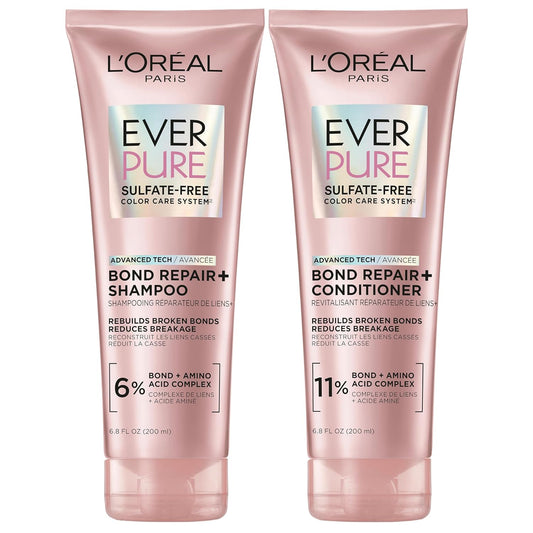 HOTL'Oreal Paris Sulfate Free Bond Repair+ Shampoo and Conditioner Set with Bond + Amino Acid Complex, Strengthens and Repairs Damaged or Color Treated Hair, EverPure, 13.6 Fl Oz Set (Packaging May Vary)