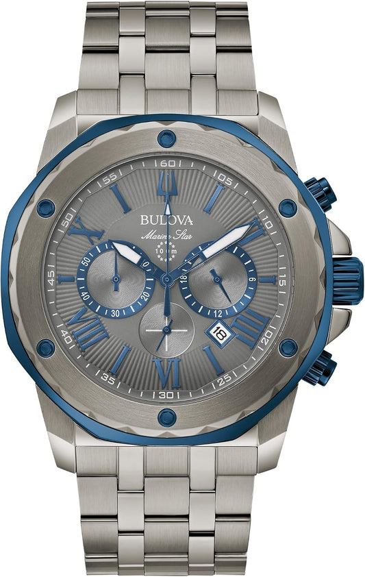 HOTBulova Men's Marine Star 'Series A' Gray IP Stainless Steel with Blue Accents Chronograph Quartz Watch, 4mm Style: 98B411