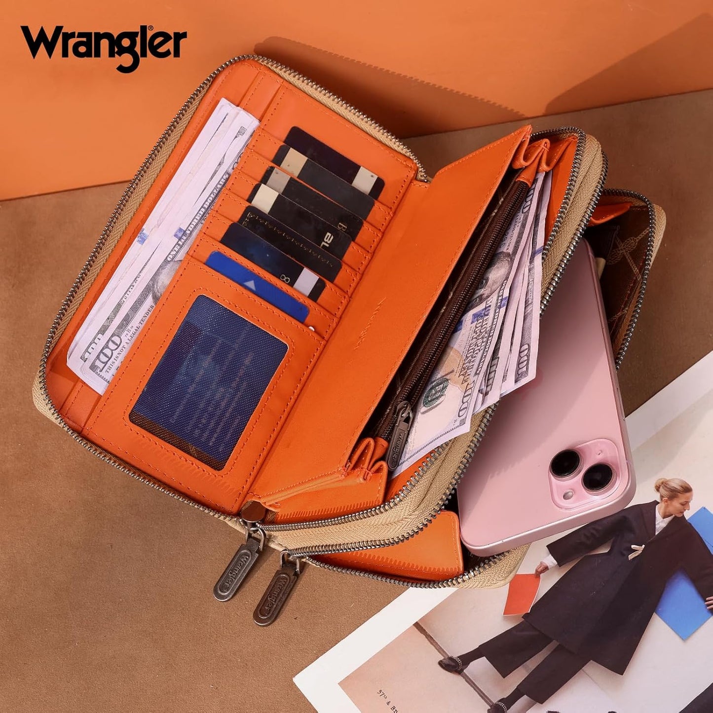 HOTMontana West X Wrangler Wrist Wallets for Women Ladies Female Large Capacity Cell Phone Wallet with Rfid Lining Oversized Double Zipper Pocket Wallet with Wrist Strap