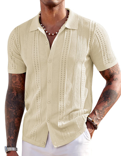 HOTCOOFANDY Men's Knit Shirts Short Sleeve Button Down Polo Shirt Fashion Casual Summer Beach Shirts