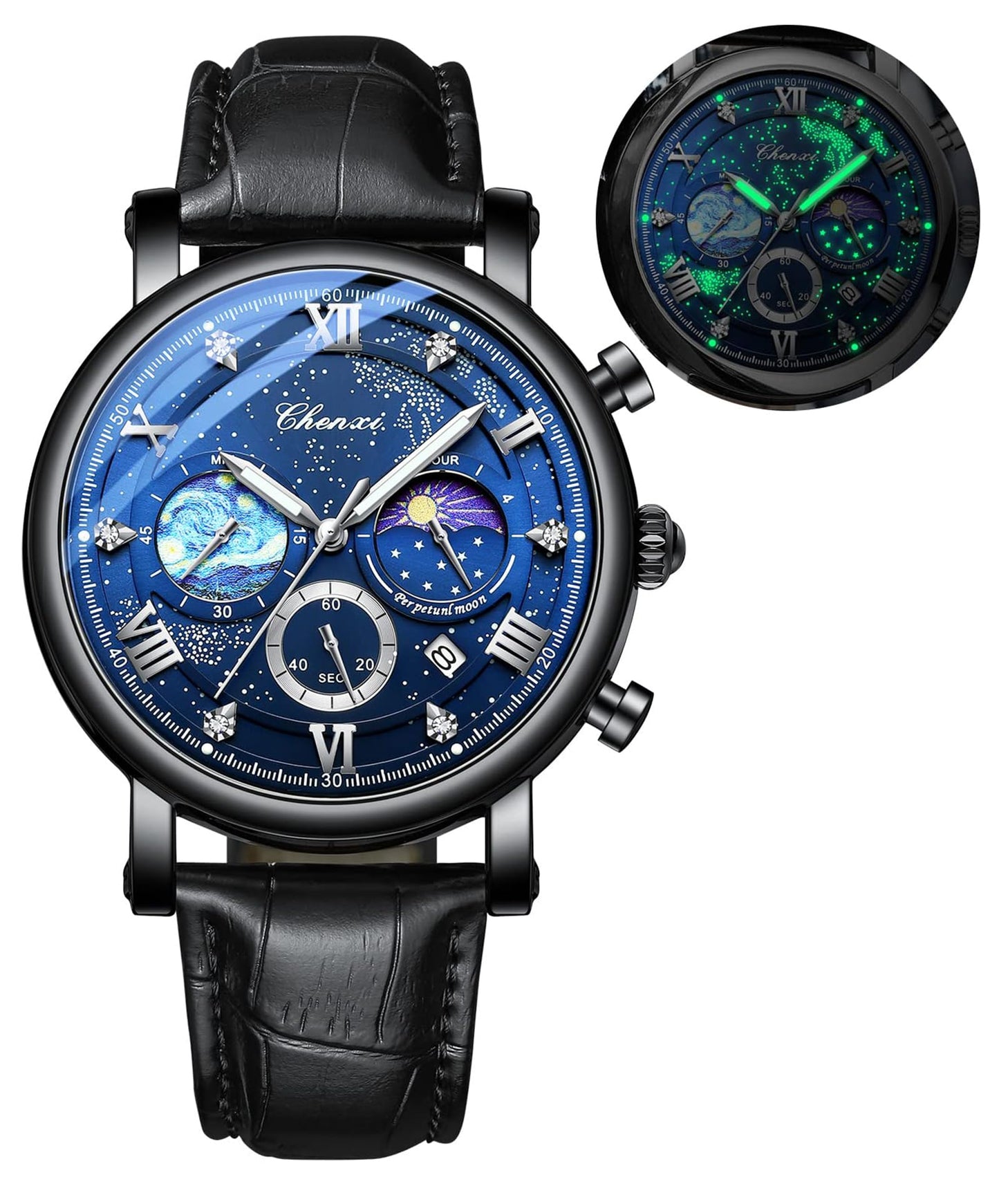 HOTFANMIS Men's Classic Watches Multifunctional Analog Watch Business Dress Waterproof Luminous Chronograph Starry Sky Moon Phase Leather Wristwatch