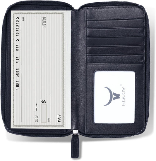 HOTHISCOW Leather Checkbook Cover, Zippered Wallet with Card Slots, Black | Full grain cowhide, 5cc & ID window, personal check book & register pockets, removable duplicate divider, women secure zipper