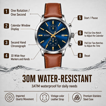 HOTBUREI Men's Leather Watches Chronograph Quartz Watches for Men Classic Cool Lightweight Wristwatch,Gift for Dad Husband Boyfriend