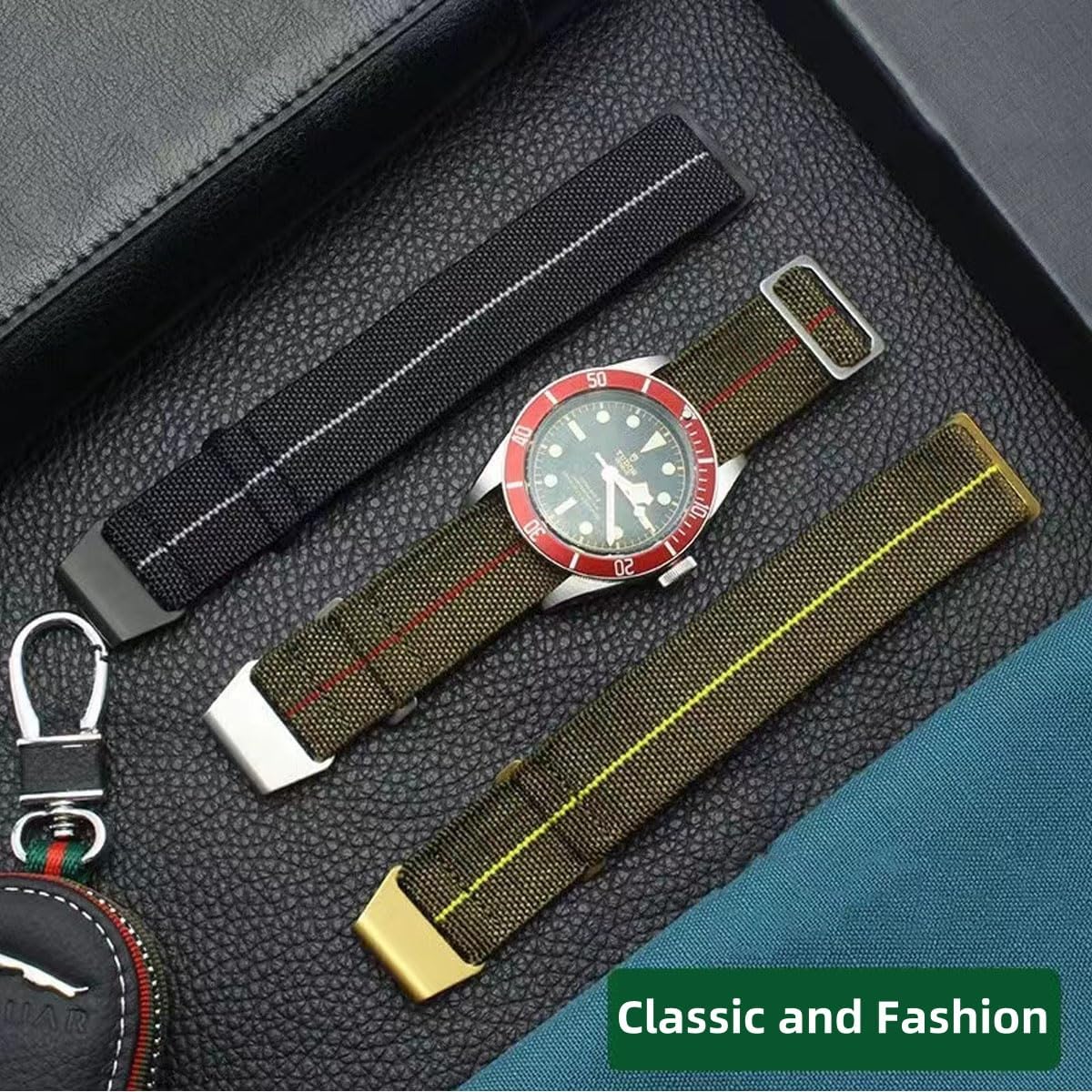 HOTFrench Troops Paratrooper Watchband,Military Elastic Nylon Watch Strap with Hook-and-Loop for Men Women Silver & Black Buckle 18/20/22mm